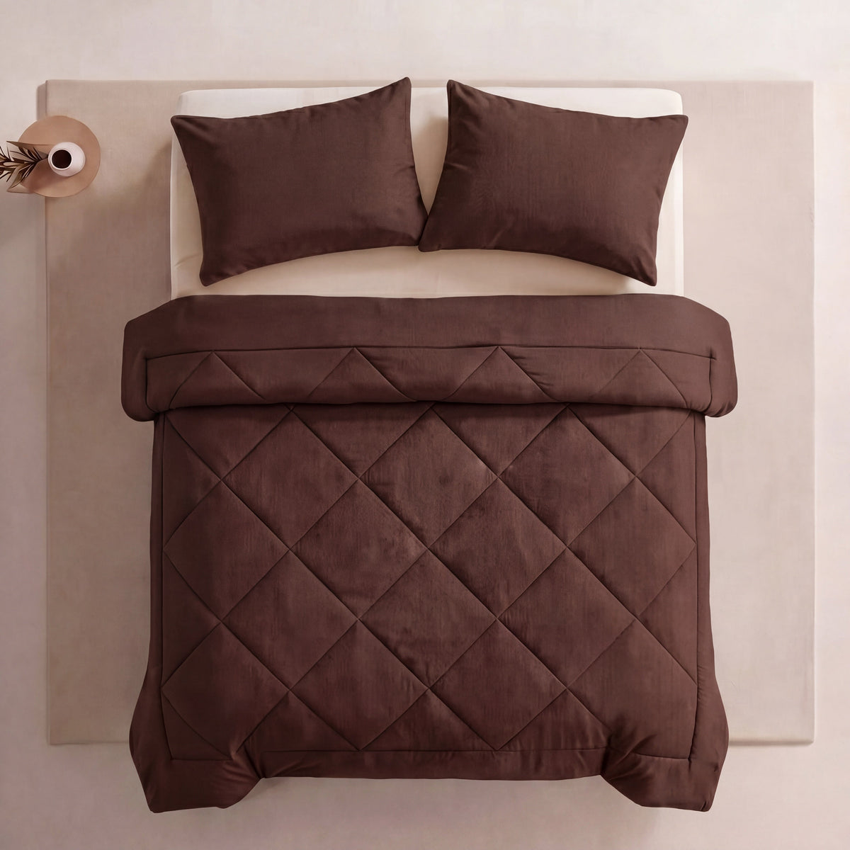 Pleene EasyRest 2in1 Duvet in Cocoa Brown, overhead view on a made bed