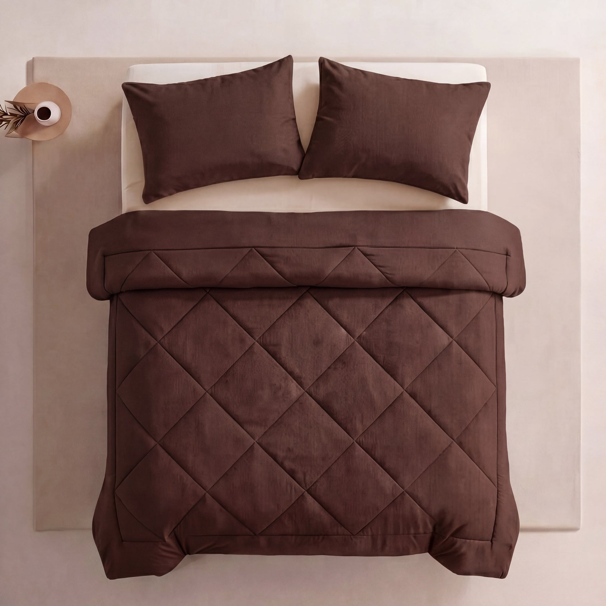 Pleene EasyRest Duvet in Cocoa Brown, overhead view on a made bed
