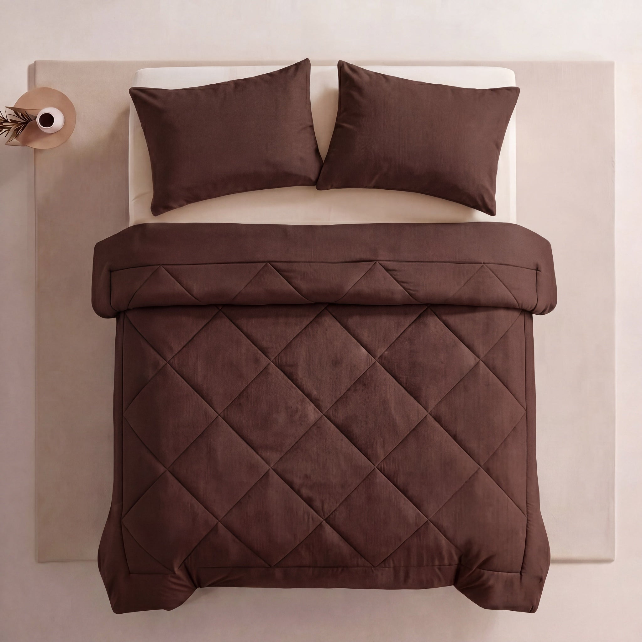 Pleene EasyRest Duvet in Cocoa Brown, overhead view on a made bed