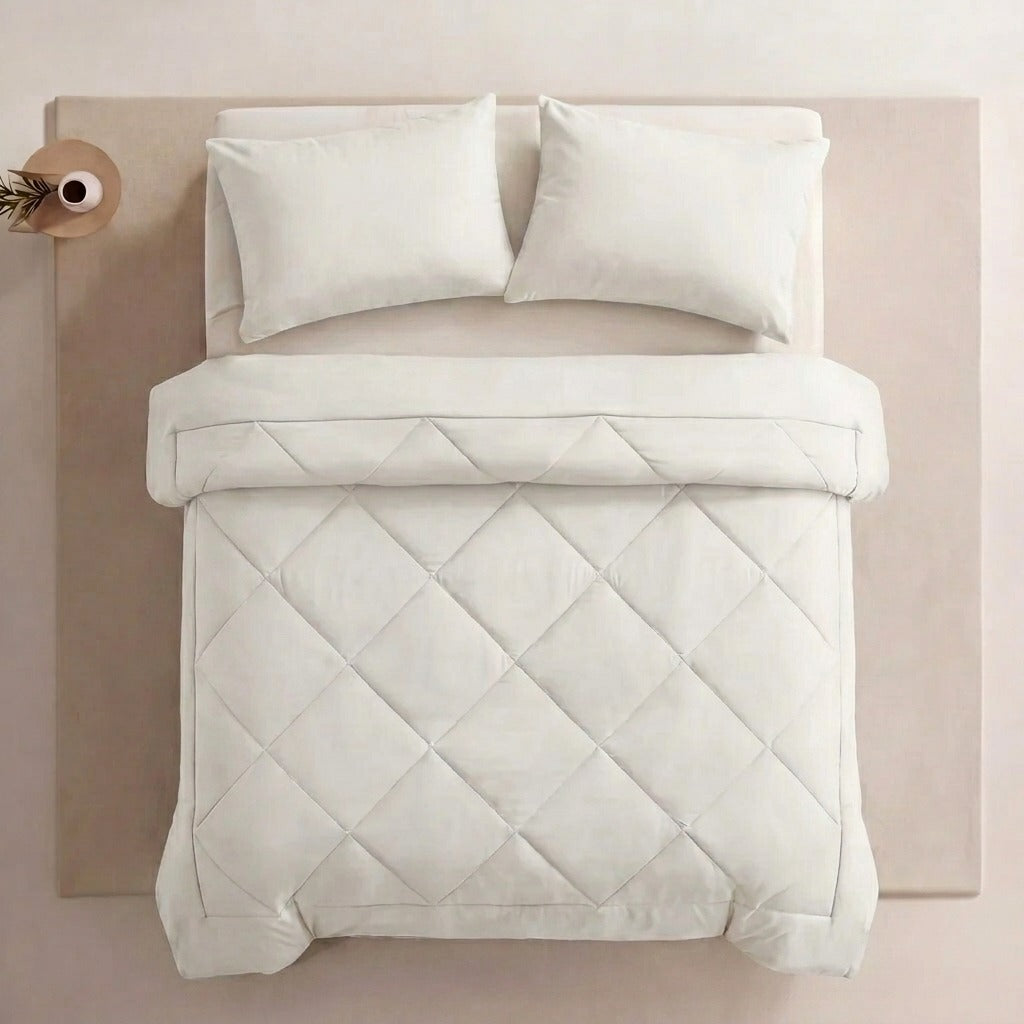 Pleene EasyRest Duvet in Cloud White, overhead view on a made bed