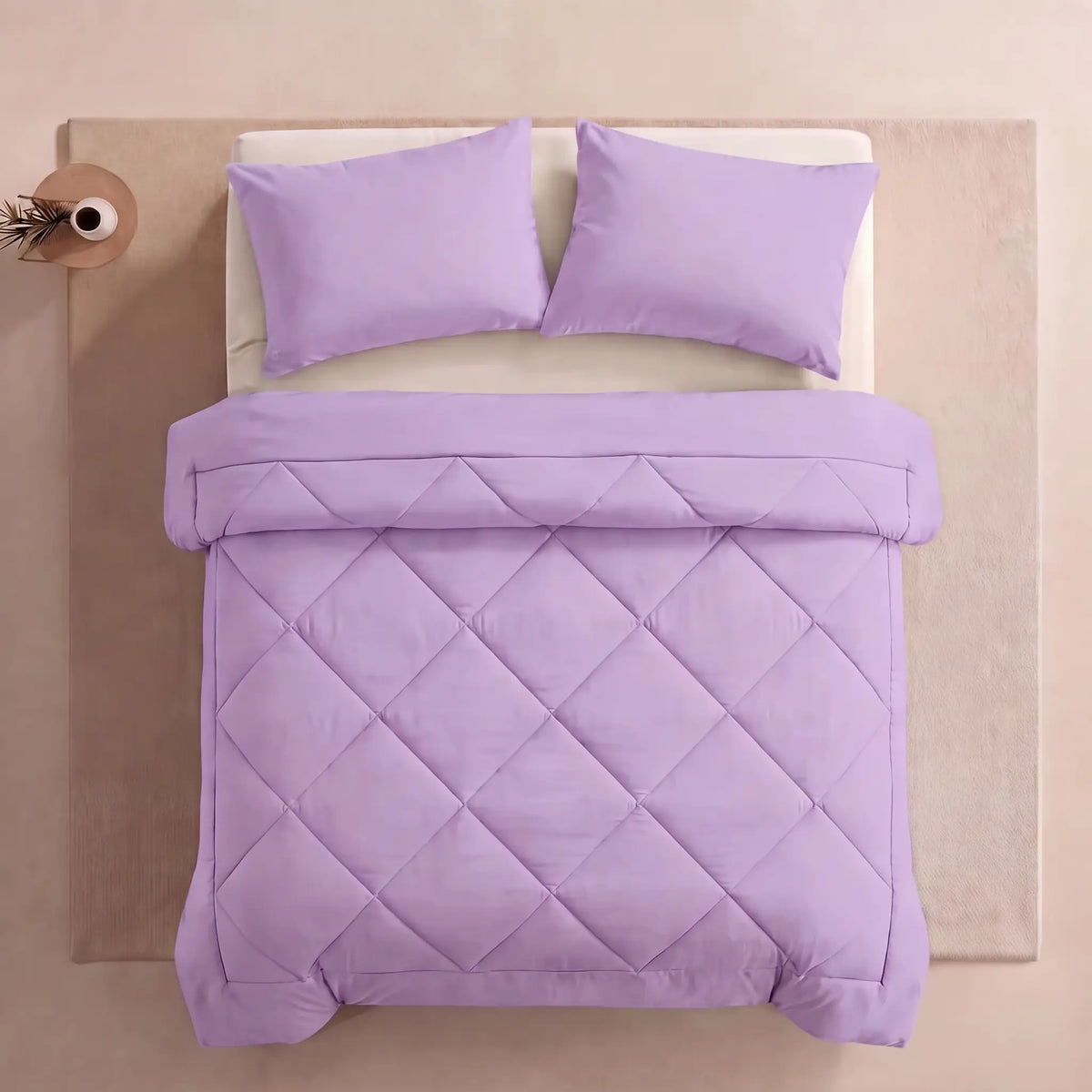 Pleene EasyRest Comforter in Lavender Mist, overhead view on a made bed