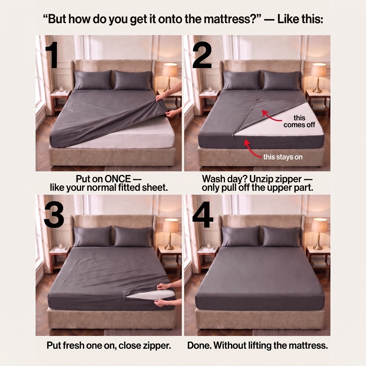 ZipSheet™ — Zip-On Bed-Sheet Set